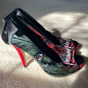 Iron Fist Black and Red Velvet Heels with Teeth